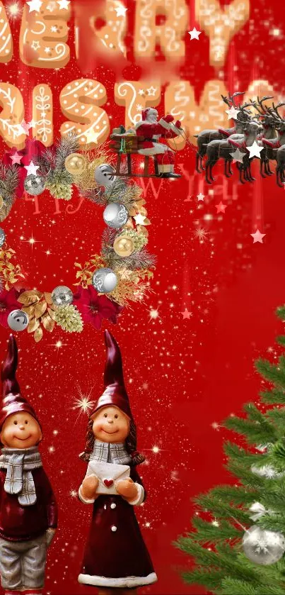 Festive Christmas wallpaper with Santa, reindeer, and a Christmas tree.