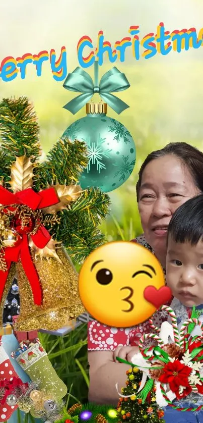 Festive Christmas wallpaper with cheerful family and decorations.