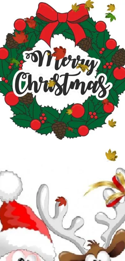 Festive Christmas wallpaper with wreath and holiday characters.