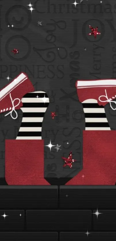 Santa's boots and decorations on a dark chimney background, festive wallpaper.