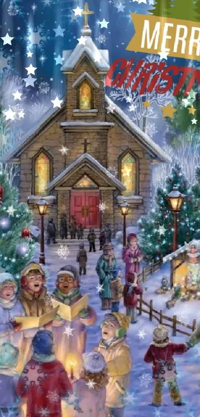 Festive Christmas church scene with carolers and snow.