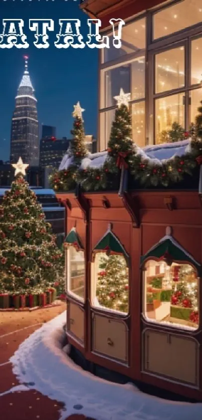 Festive Christmas cityscape with decorated trees.