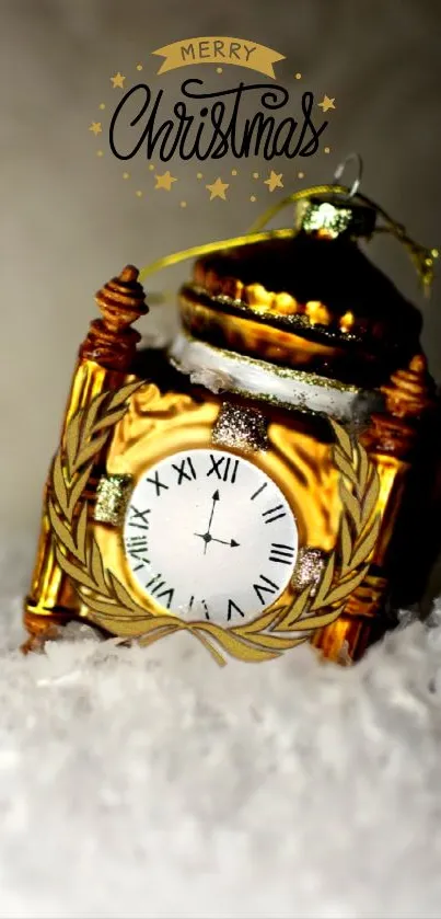 Golden clock ornament with Merry Christmas text on a festive background.