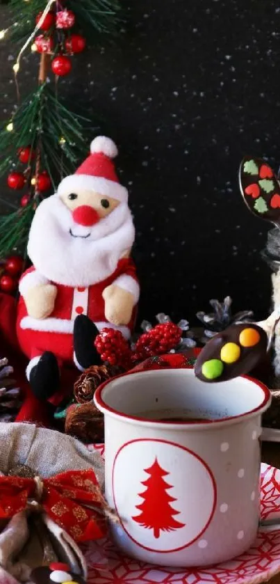 Festive Christmas coffee scene with Santa and decorations.