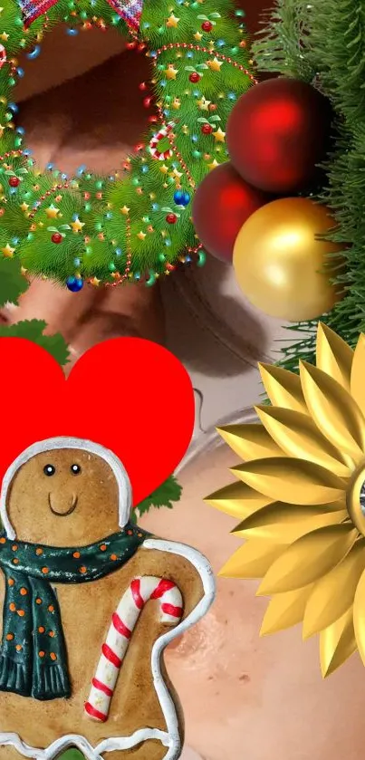 Festive Christmas collage wallpaper with gingerbread man.