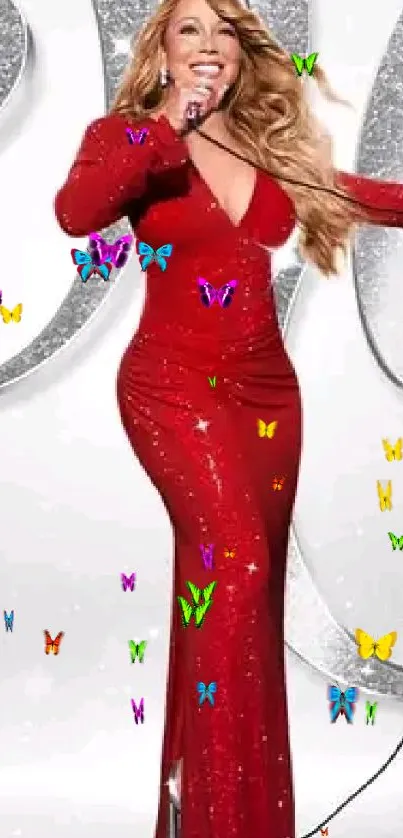 Mariah Carey festive Christmas concert poster in red dress.