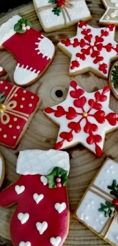 Festive Christmas-themed decorated cookies on wood.