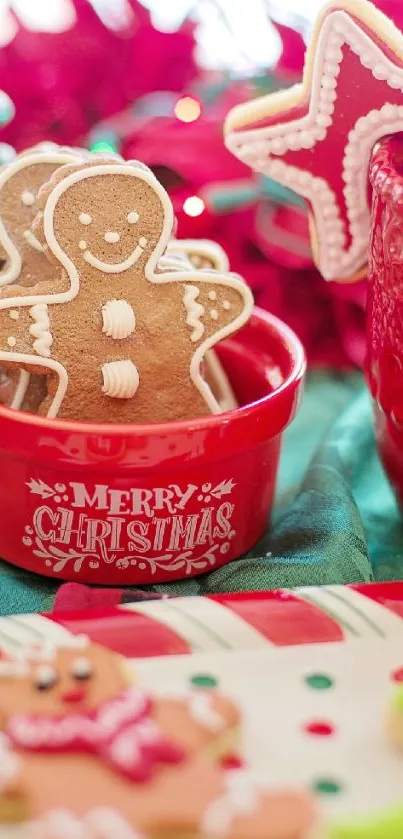 Festive Christmas cookies in a red bowl with holiday decorations.