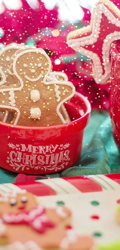 Gingerbread cookies in a festive Christmas setting with vibrant decor.