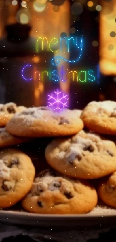 Festive Christmas cookies with a glowing 'Merry Christmas' text in warm hues.