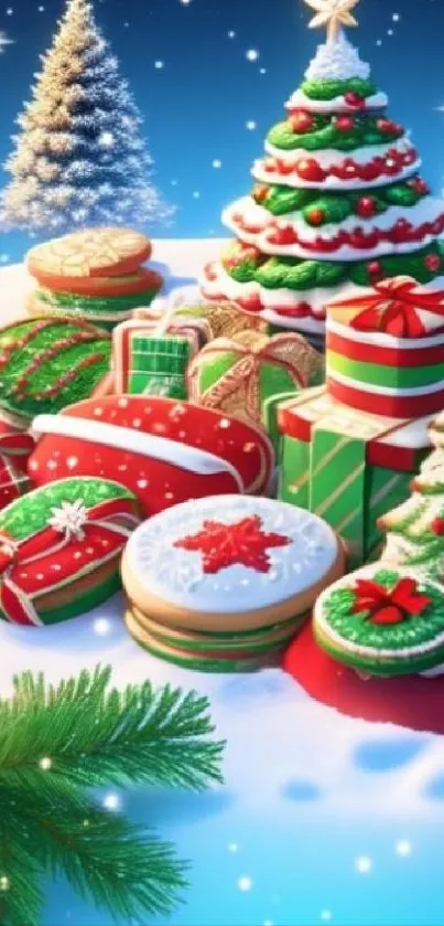 Christmas cookies and trees mobile wallpaper, vibrant and festive.