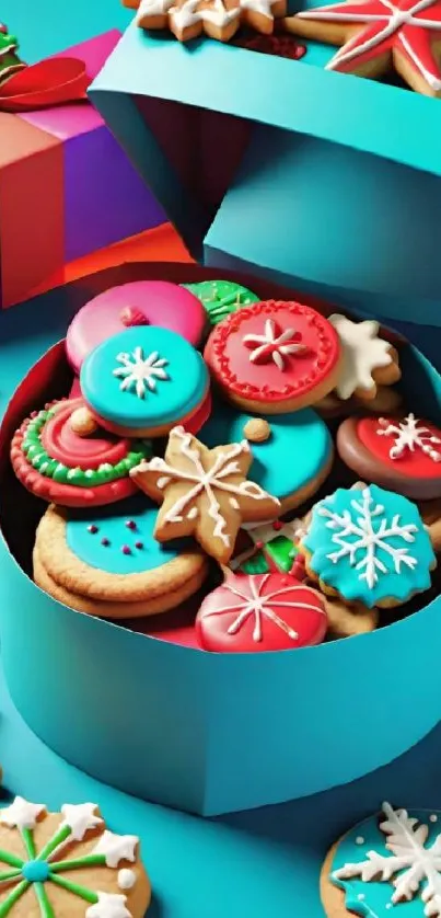 Colorful box of festive Christmas cookies with decorations.
