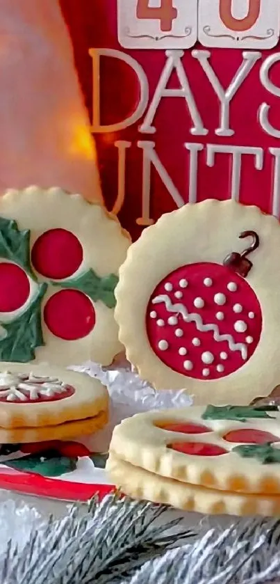 Festive Christmas cookies with artistic designs on a holiday countdown background.