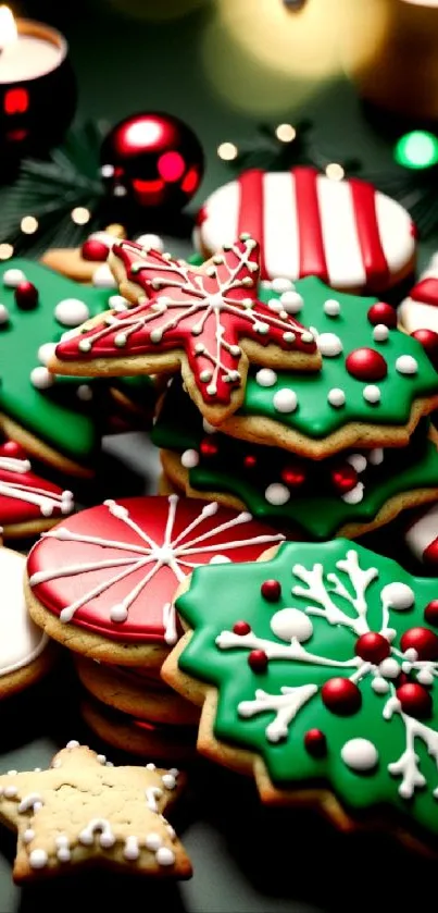 Festive Christmas cookies with colorful icing on a decorated table.