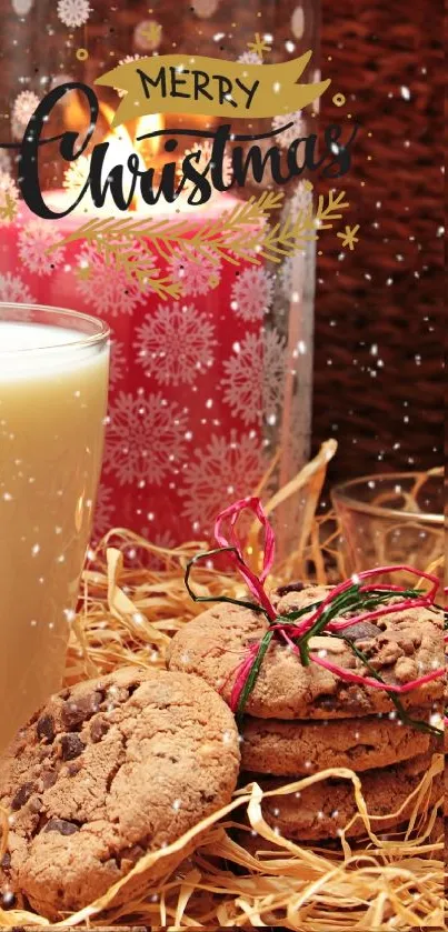 Christmas cookies and milk with festive decorations.