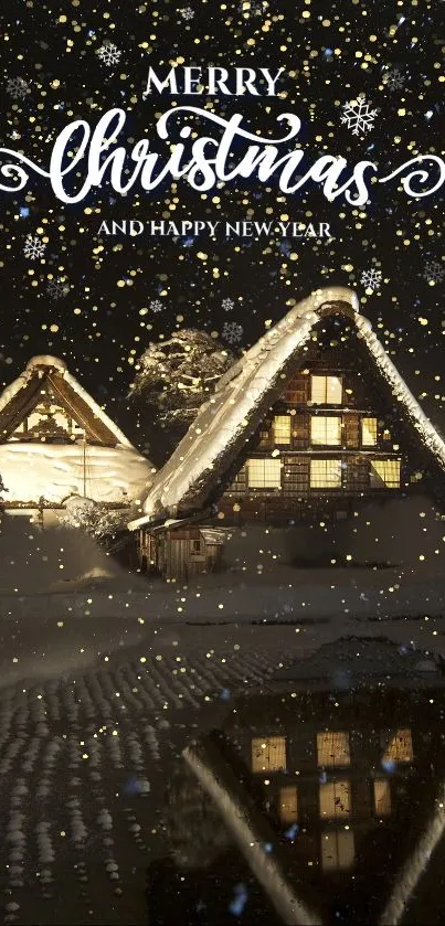 Christmas cottage in snow with festive lights and greetings