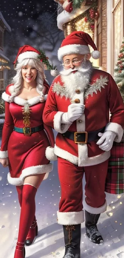 Santa couple walking in snowy Christmas street.