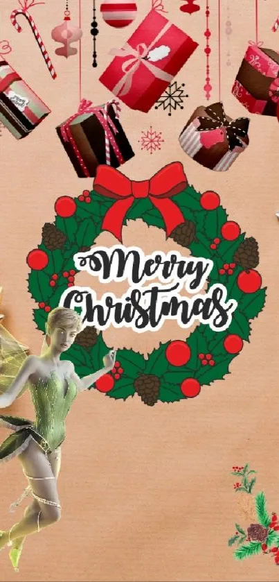 Christmas craft wallpaper with gifts, wreath, and tools.