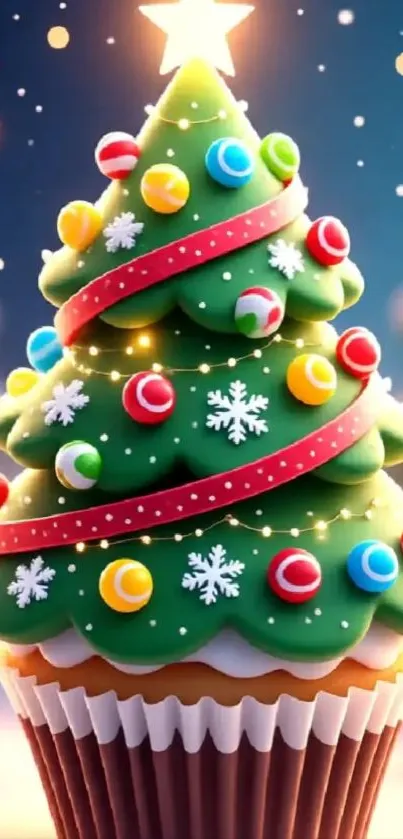 Festive cupcake Christmas tree decorated with colorful ornaments and snowflakes.