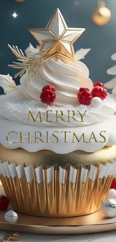 Gold and white Christmas cupcake with star and berries.