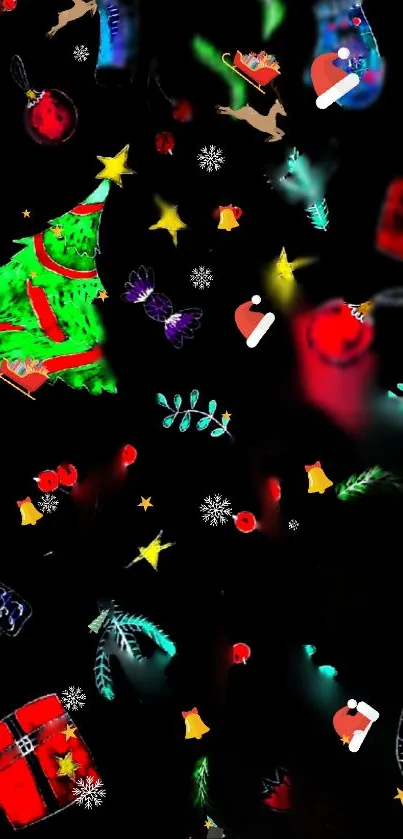 Festive Christmas dark wallpaper with colorful holiday icons on a black background.