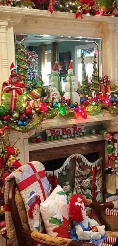 Festive Christmas mantel with vibrant decorations and holiday colors.