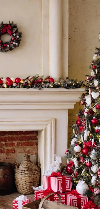 Festive Christmas decor with a tree and gifts by the fireplace.