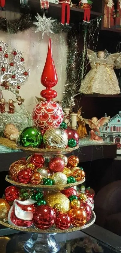 Christmas decoration display with colorful ornaments and festive charm.