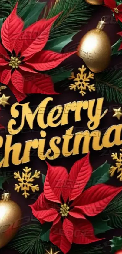 Festive Christmas wallpaper with poinsettias and ornaments.