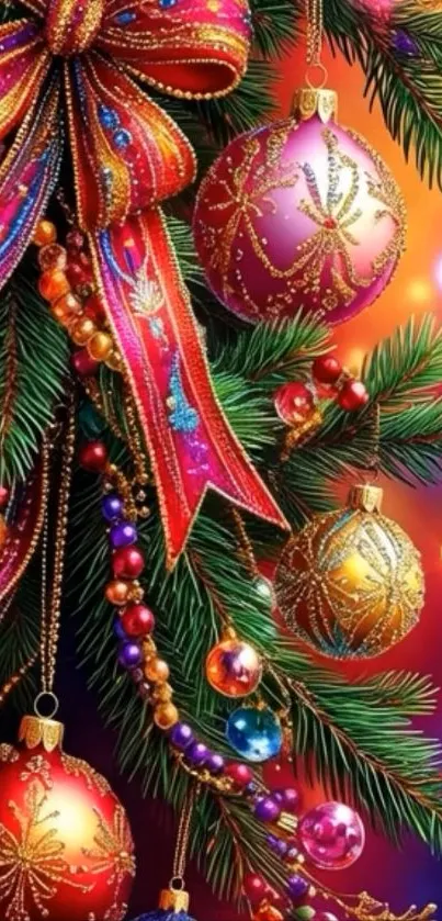 Colorful Christmas tree decoration with baubles and ribbons in vibrant colors.