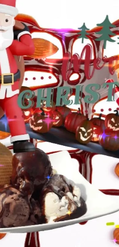 Santa with Christmas desserts on festive wallpaper.