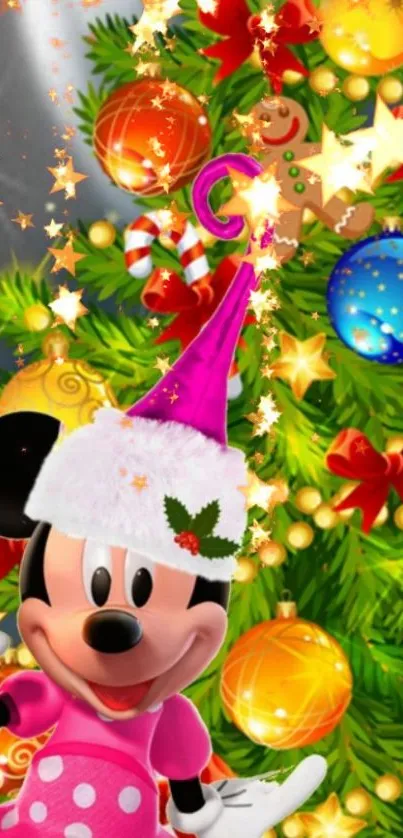 Colorful Disney Christmas wallpaper with festive tree and character.