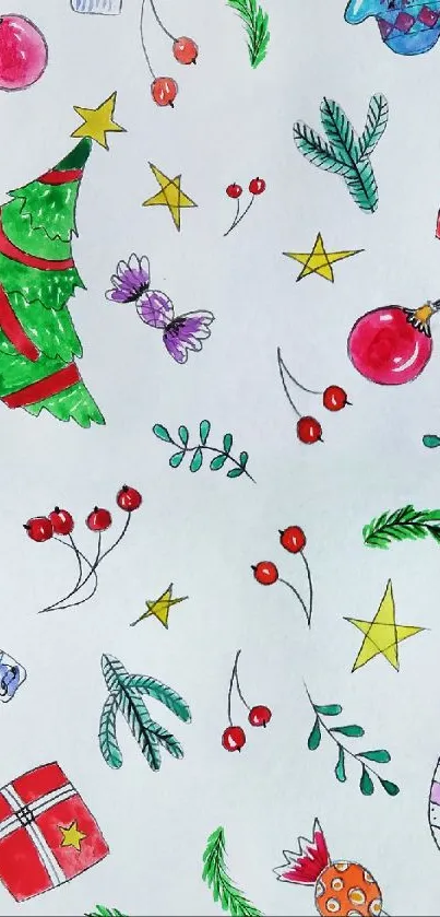 Festive Christmas doodles with gifts and ornaments.