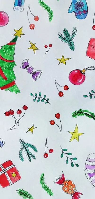 Colorful festive Christmas doodles wallpaper with ornaments and gifts.