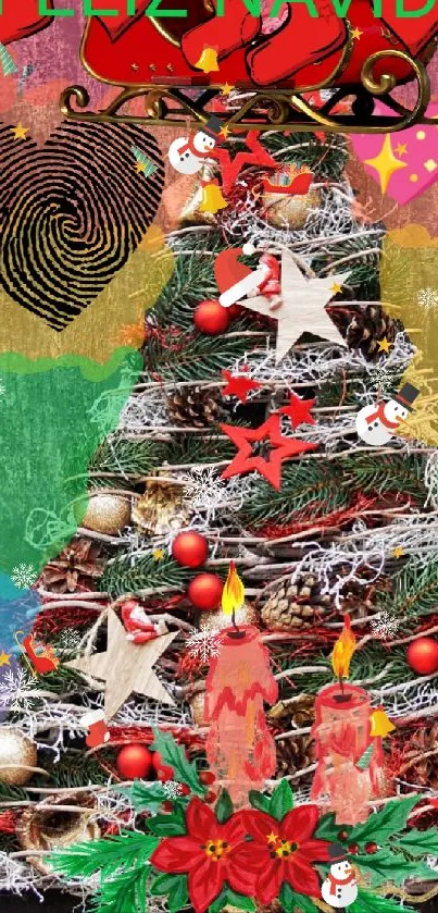 Colorful Christmas tree on rustic door background with festive decorations.