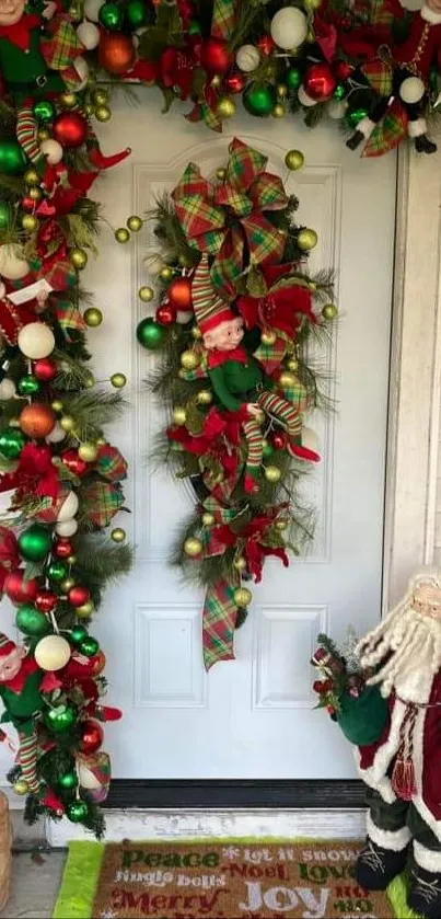 Festive Christmas front porch with Santa and colorful decorations.