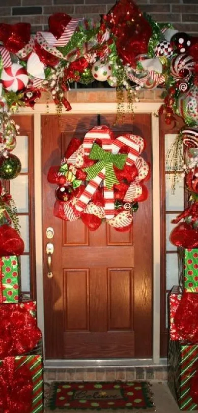 Festive Christmas door with red decorations and green gifts.