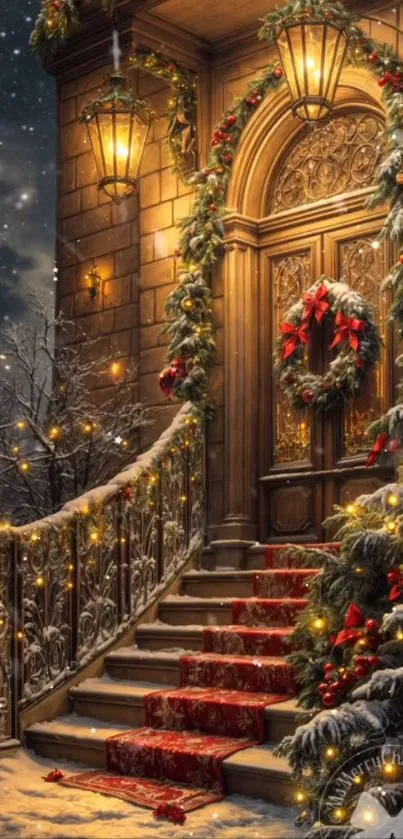 Festive doorway with wreath and snow-covered steps.