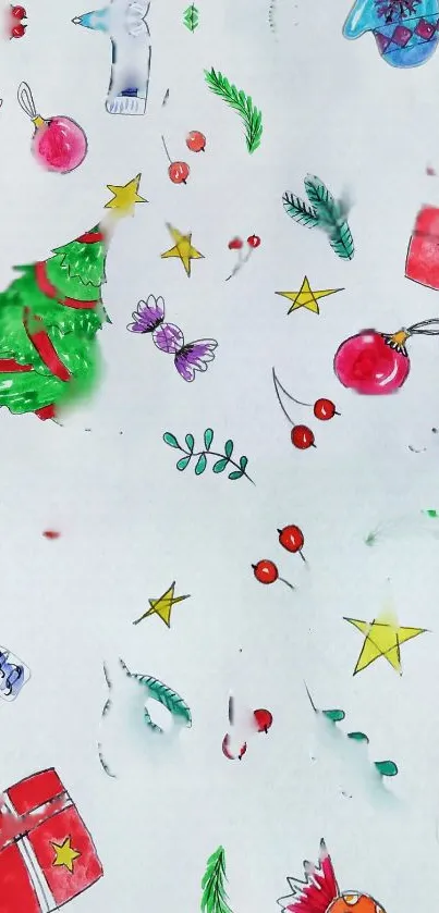 Colorful Christmas-themed drawings on white background wallpaper.