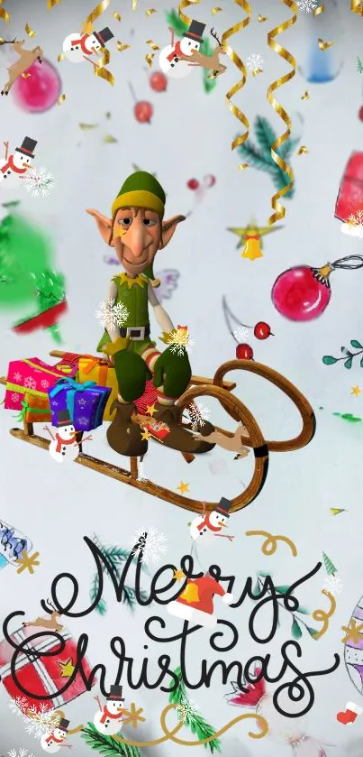 Festive wallpaper with elf on sleigh and Christmas decorations.