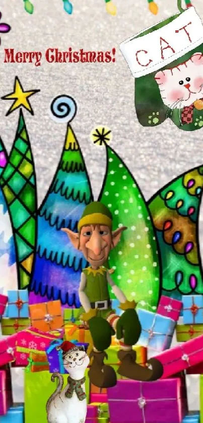 Festive Christmas wallpaper with an elf and colorful trees.