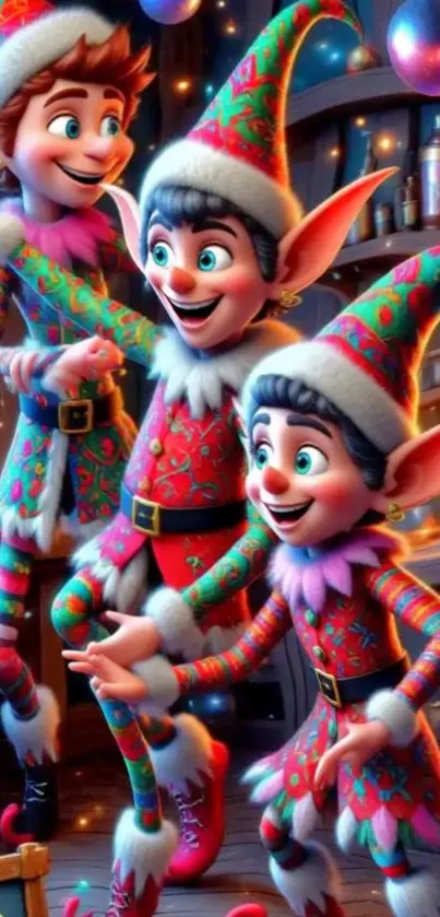 Cheerful Christmas elves in colorful attire, celebrating in a magical setting.