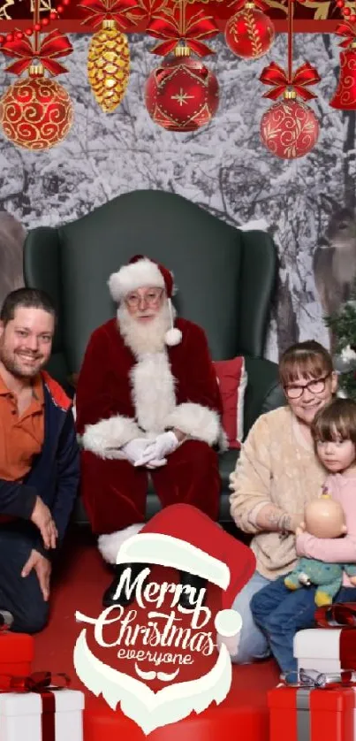 Family with Santa in festive Christmas setting.