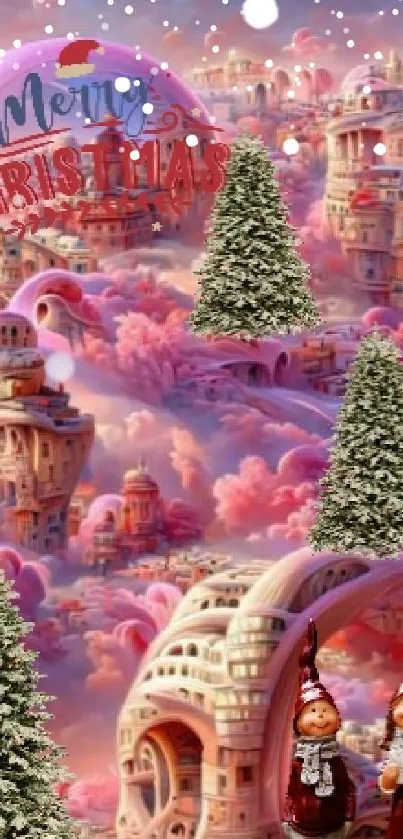 Christmas fantasy wallpaper with pink hues, trees, and architectural designs.