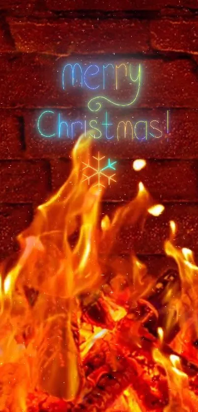 Festive Christmas wallpaper with flames and brick wall backdrop.