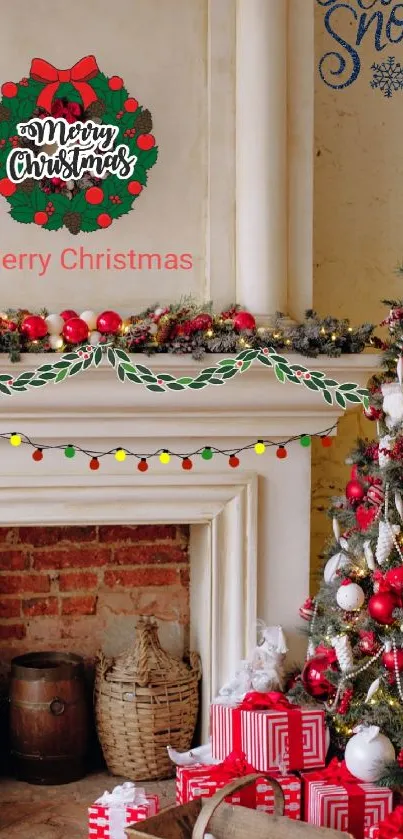 Cozy Christmas fireplace with decorated tree and gifts.