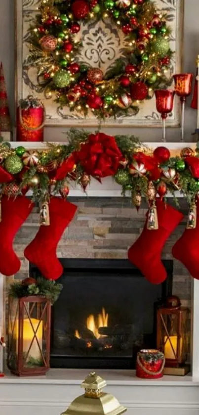 Christmas fireplace with stockings and wreath.