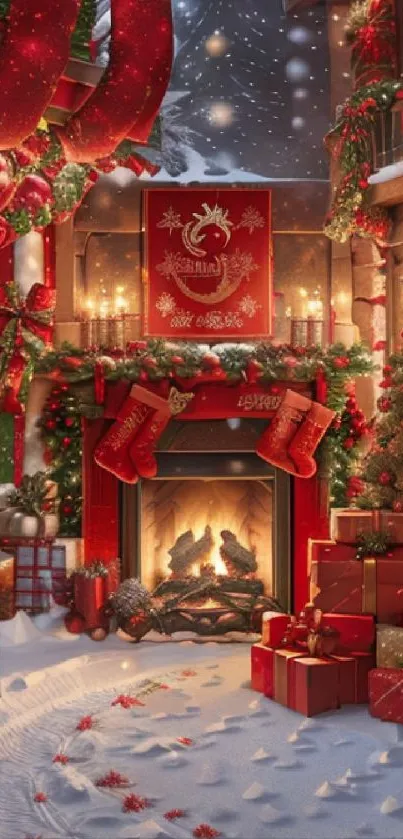 Cozy Christmas scene with gifts and fireplace, snowy night outside.