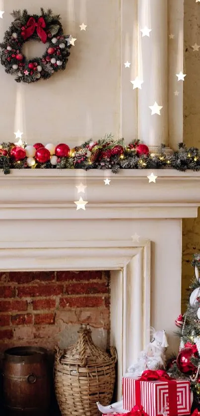 Festive Christmas decor with tree and fireplace.