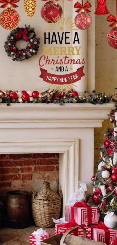 Christmas scene with tree and fireplace, red decorations.